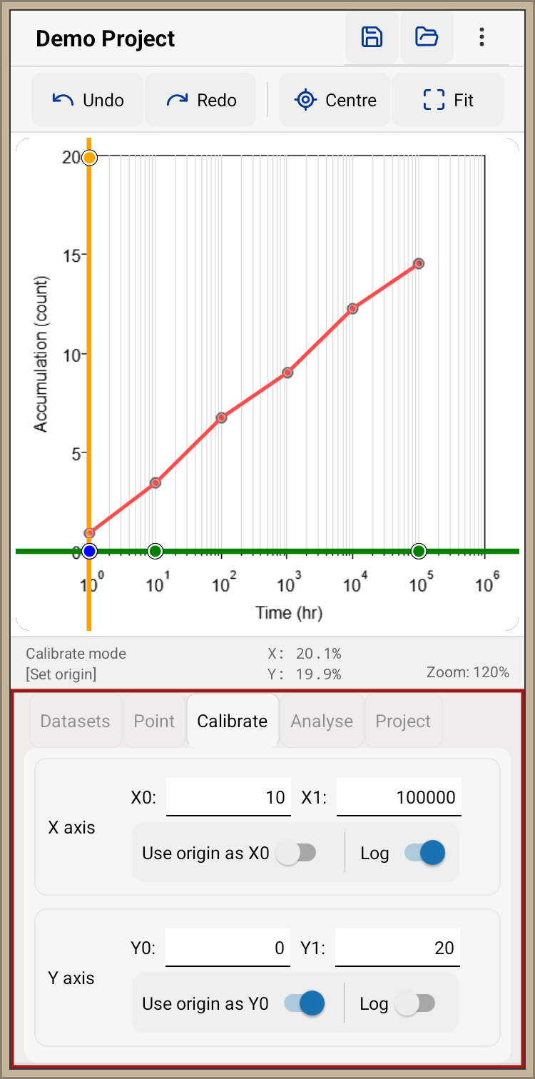 Graph Digitizer calibration controls for linear and logarithmic axes